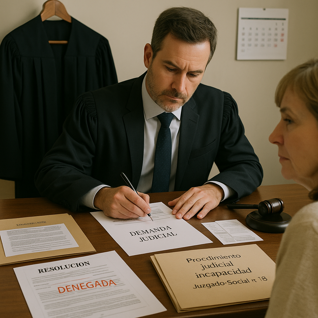 Abogado con toga preparando demanda judicial de incapacidad permanente ante juzgado de lo social tras agotar vía administrativa