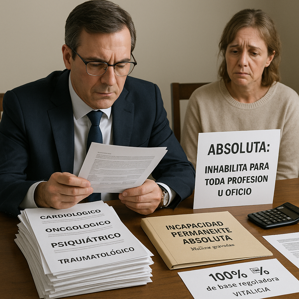 Abogado gestionando incapacidad permanente absoluta con múltiples informes médicos, pensión 100% por imposibilidad de toda actividad laboral
